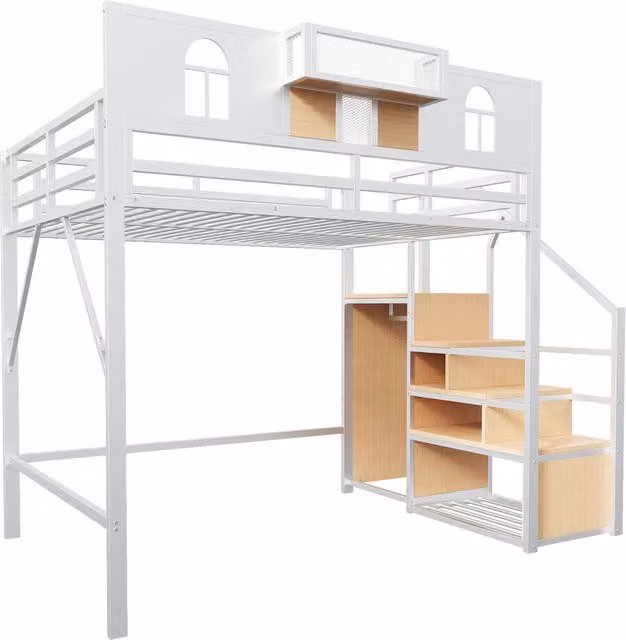 Letto a soppalco matrimoniale moderno in metallo e MDF bianco con scala contenitore e cassetti, L/P/H: 200 x 140 x 187 cm – 1