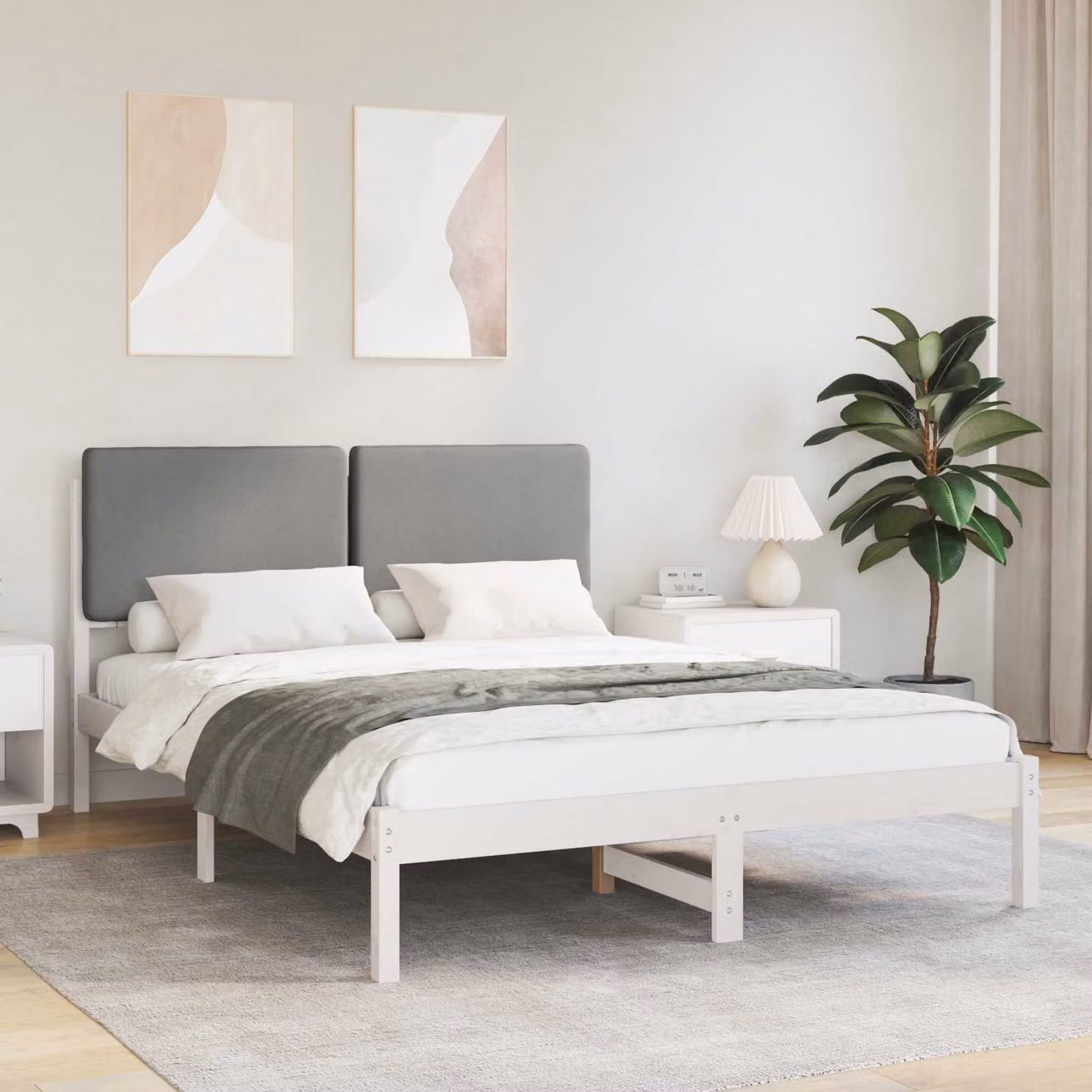 Letto con testiera rivestita vidaXL in legno di pino e tessuto, Grigio, L: 140 cm, P: 190 cm – 1