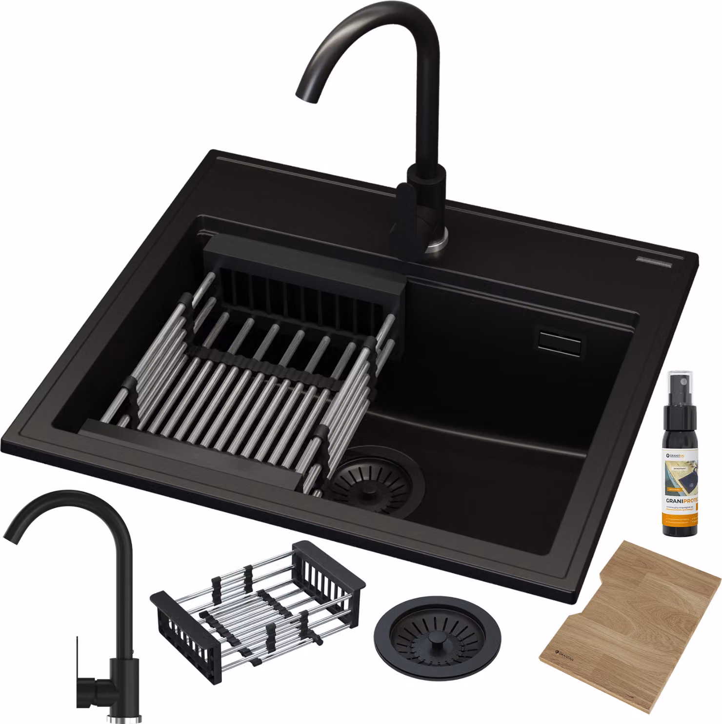Granitan - Lavello in granito - Lavello da cucina - 56x50 cm - Nero - con rubinetteria PRESTIGE, sifone e accessori - FOXAL