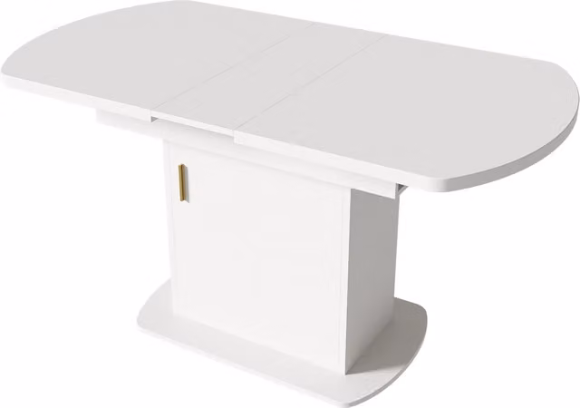 Tavolo da pranzo ovale allungabile, 110-130x70x75 cm, con ripiani portaoggetti, bianco con maniglia dorata