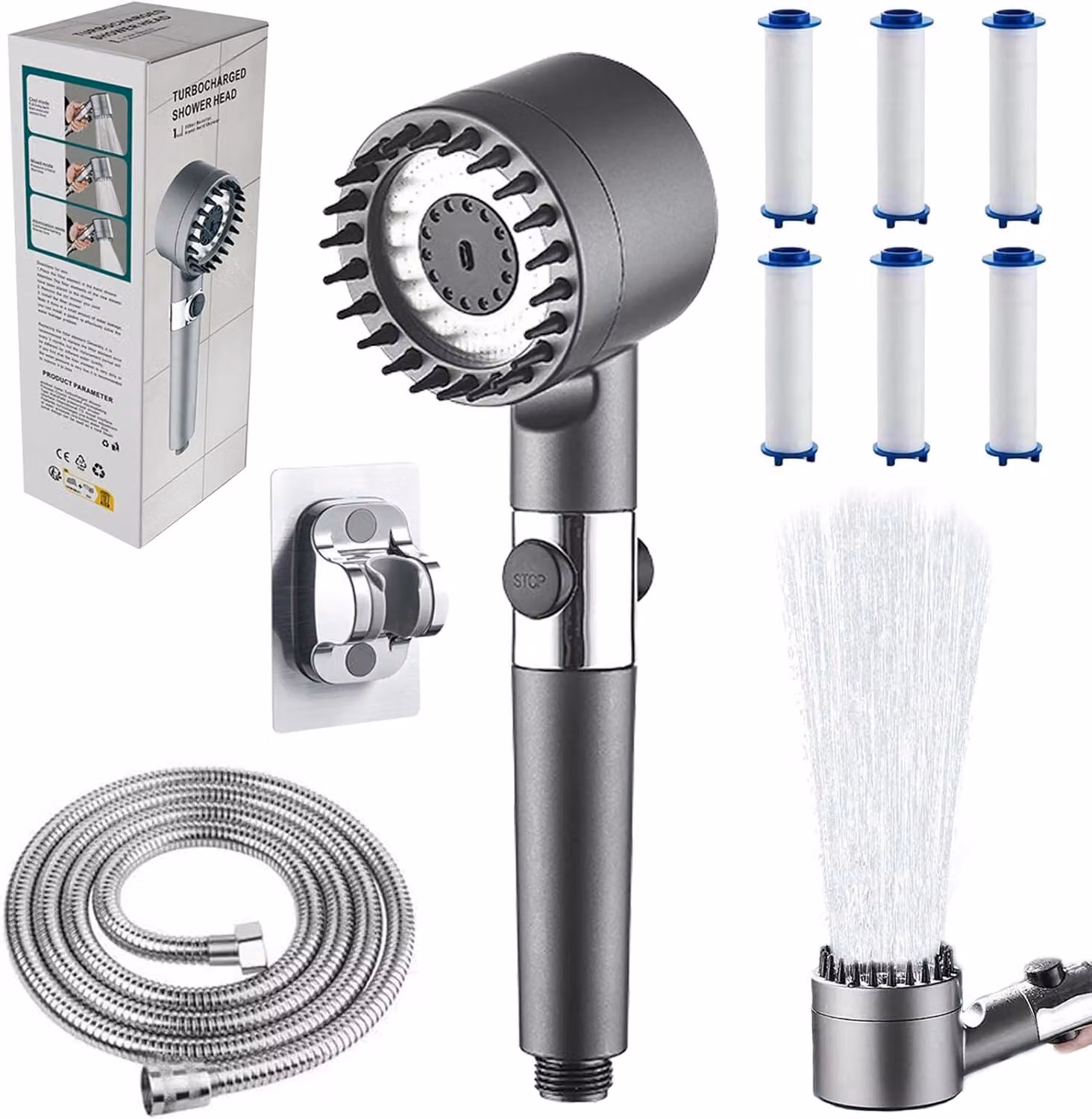 Doccia ad alta pressione - Doccia con filtro - Doccia anticalcare con tubo flessibile da 1-5 metri - Doccia con ugello massaggiante - Con 3 + 1 modalità