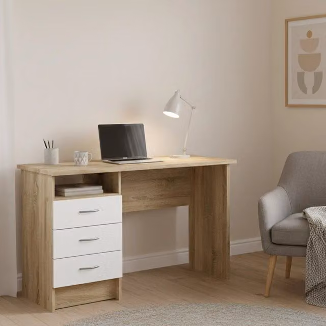 Scrivania moderna DMORA Andre con 3 cassetti, finitura rovere marrone e bianco, L: 120.1 cm, P: 48.1 cm, H: 72.6 cm – 1