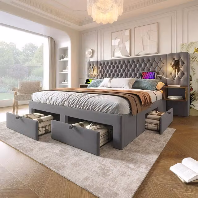 Letto con contenitore 180x200 cm - Xylo - 2 comodini, 4 cassetti, USB, velluto grigio