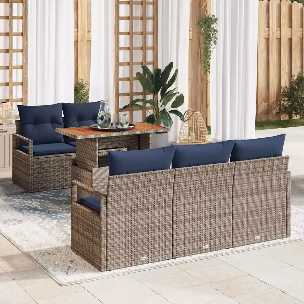Set Divano da Giardino vidaXL 6 Pezzi a Forma di L con Tavolino e Pouf, Grigio e Blu