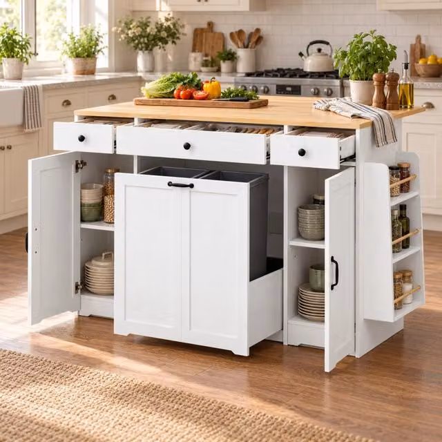 Sideboard bianco con 3 cassetti, 2 ante e piano superiore color legno per cucina e sala da pranzo
