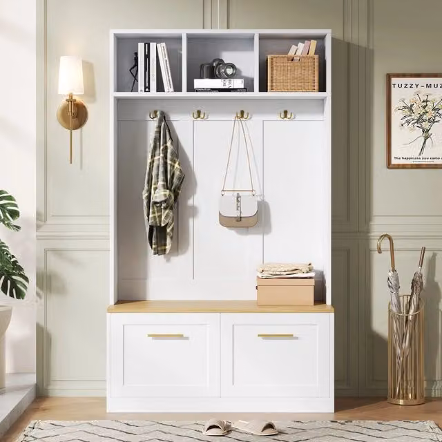 Guardaroba Minimal con Panca, Vano Aperto e 2 Ante, Bianco/Naturale, L: 105 cm, P: 40 cm, H: 180 cm