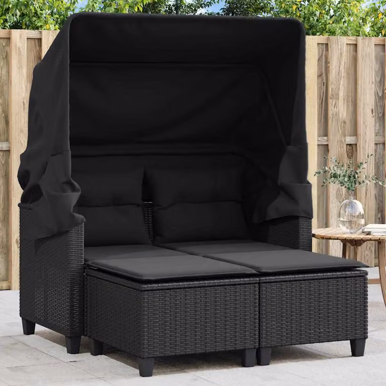 Set da giardino vidaXL con divano a 2 posti, baldacchino e sgabello coordinato, colore nero, in rattan e metallo con cuscini inclusi