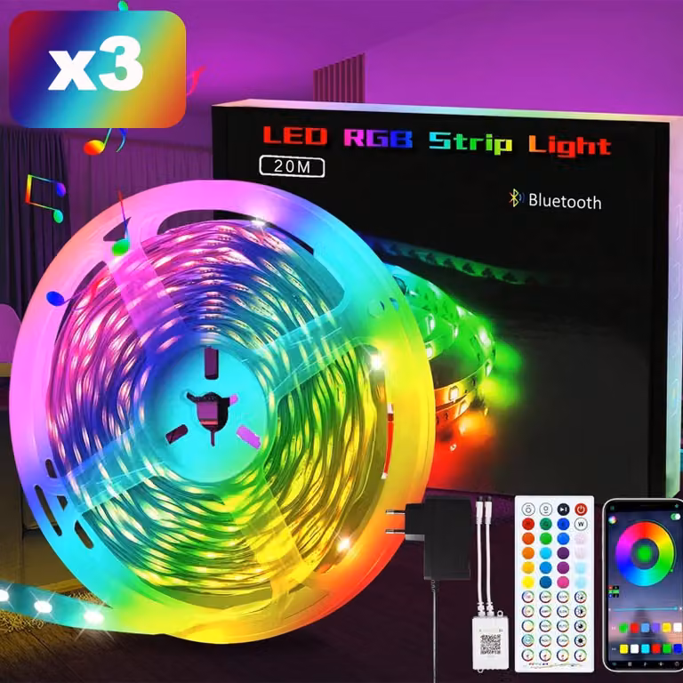 Striscia LED ZMH, 20 metri, confezione da 3, strisce LED RGB intelligenti da 20 metri con telecomando, ideali per Natale, feste, bar, illuminazione interna, decorazioni