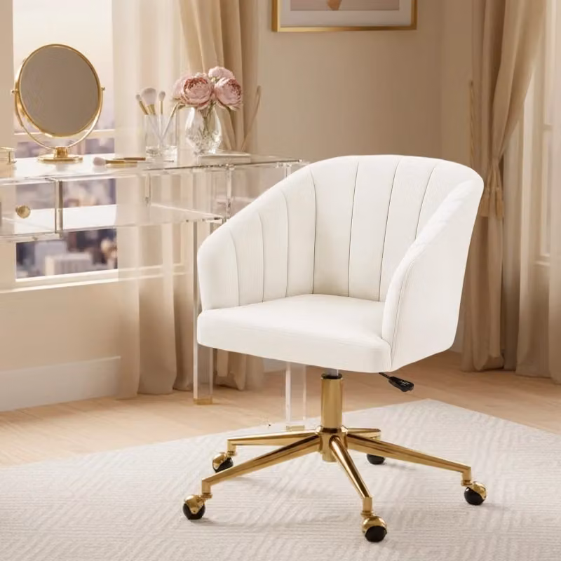 Sedia da ufficio girevole moderna in velluto bianco con ruote per home office – 2
