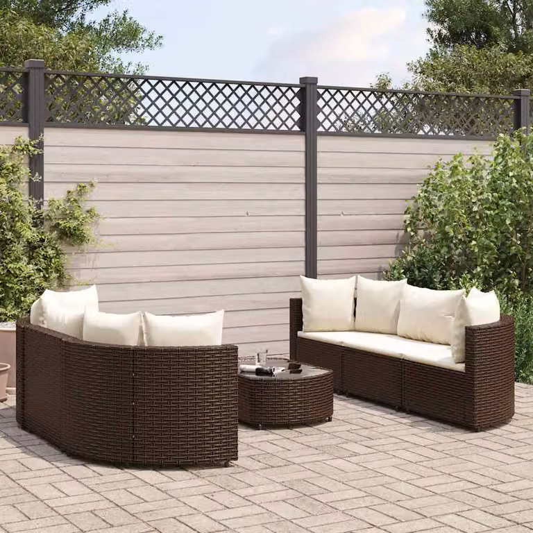 Set Divani da Giardino vidaXL 7 Pezzi con Cuscini Marrone e Bianco in Polyrattan e Metallo con Tavolino e Ottoman