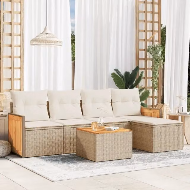 Set Divano da Giardino a L vidaXL in Polyrattan con Cuscini Beige e Tavolino, 6 Pezzi