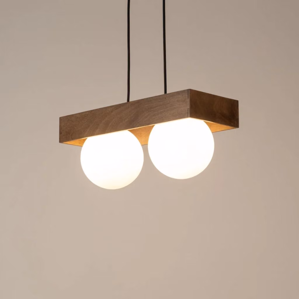 Lampada a sospensione Bloom Sigma Lighting con 2 sfere in vetro bianco e dettagli in legno, con altezza regolabile – 2
