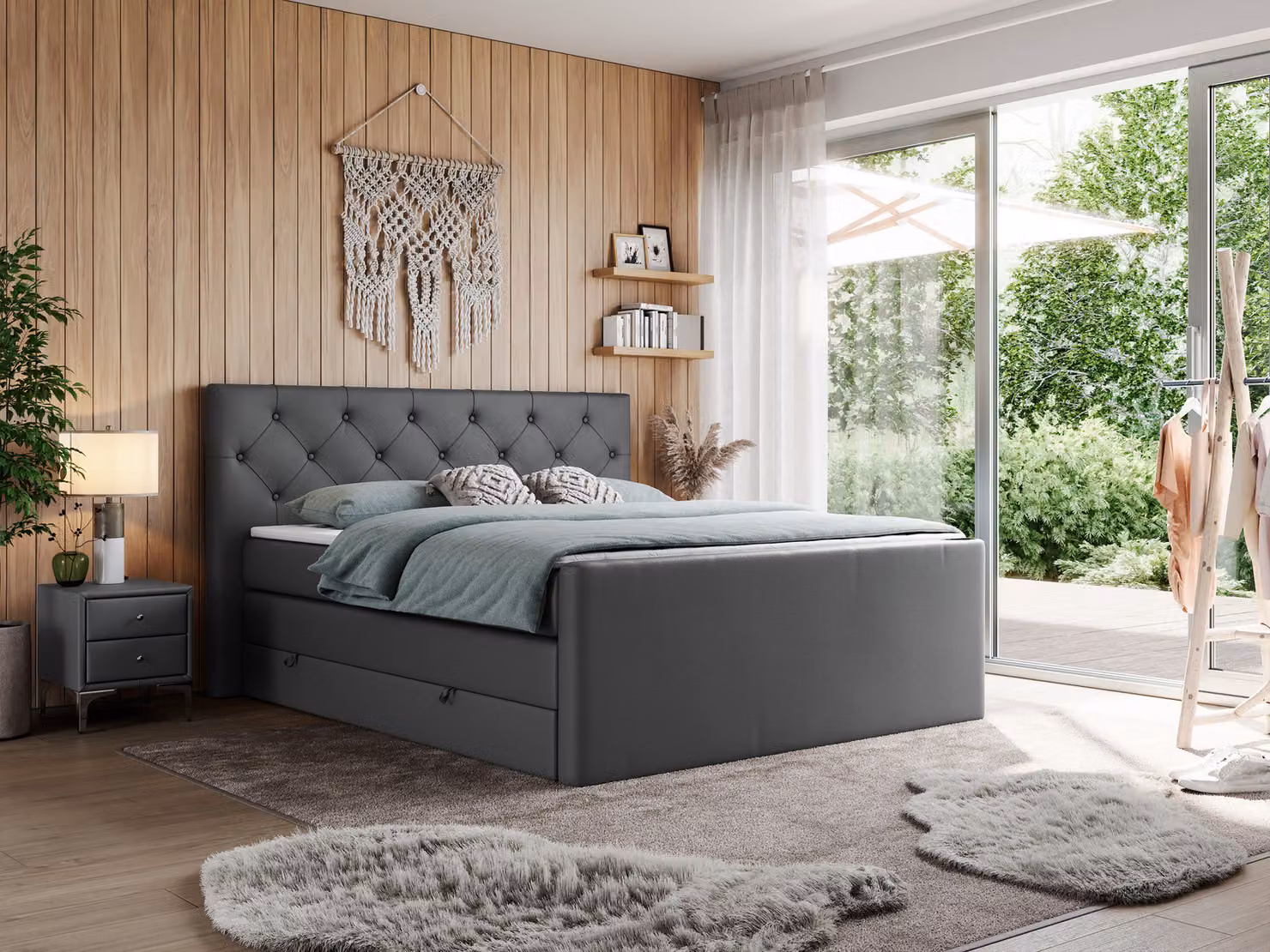 Letto matrimoniale con materasso Multipocket e coprimaterasso, letto boxspring con cassetti - KING VELEN - 180x200 cm - Grigio scuro - H3
