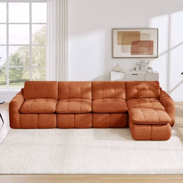 Divano modulare in chenille arancione; 334x160x68 cm