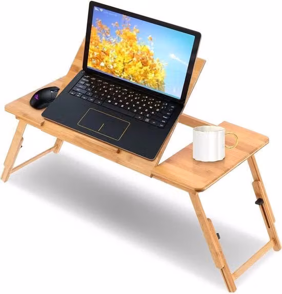 Tavolo da scrivania in bambù pieghevole e regolabile per laptop con caricabatterie per letto, ideale per leggere, fare colazione e disegnare