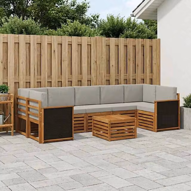 Set di divani da esterno a L vidaXL in legno di acacia con tavolo da caffè, 8 pezzi, Beige e Grigio – 1