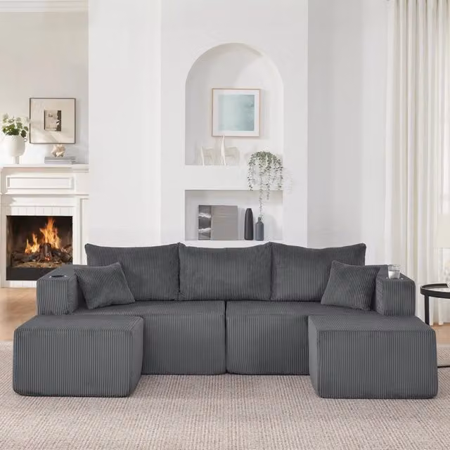 Divano angolare modulare 3 posti con pouf mobili, portabicchieri e tasche laterali in velluto a coste grigio
