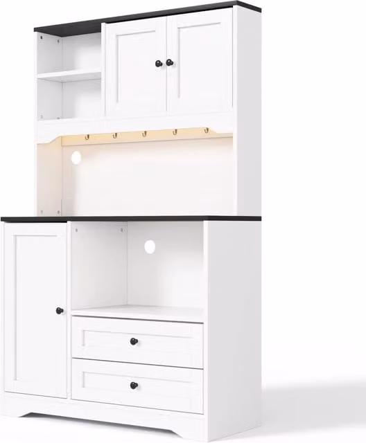 Mobile alto da cucina 100x40x163 cm con illuminazione LED, prese integrate e ripiani regolabili, adatto per microonde