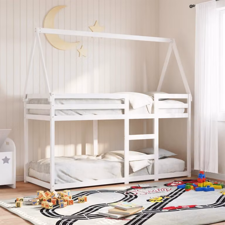Letto a Castello vidaXL in Legno Massello di Pino con Tetto Bianco per Bambini L 200 x P 80 cm, H 190 cm