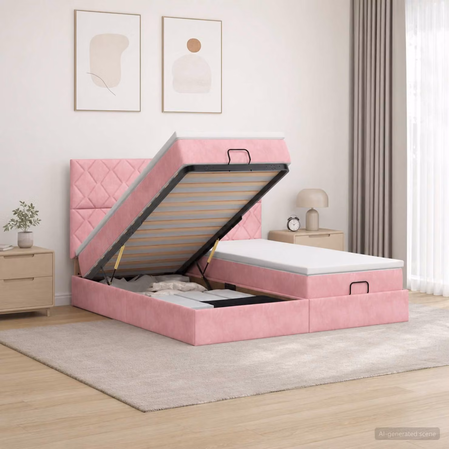 Letto ottomano con materasso e testiera vidaXL in velluto rosa e bianco, L/P/H: 203 x 160 x 88 cm