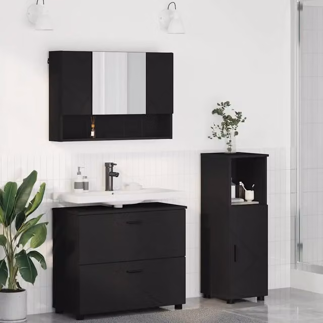 Set di mobili per il bagno moderno vidaXL in nero opaco composto da mobile lavabo, armadietto con specchio e colonna, L/P/H: 76,5 x 35 x 64 cm