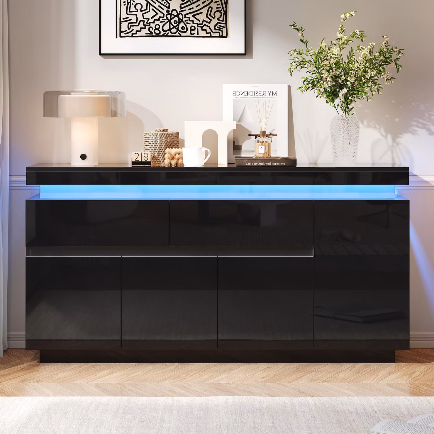 Mobile bar a buffet nero, con 4 ante e 2 cassetti, illuminazione LED, finitura lucida