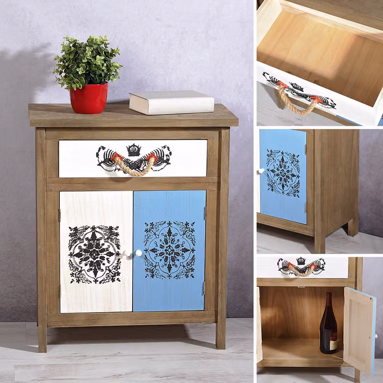 Credenza effetto marrone e bianco, armadio a muro, credenza alta, scaffale in stile mediterraneo