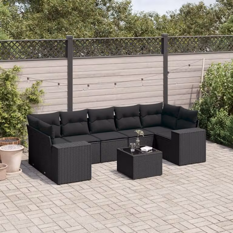vidaXL Set Divani da Giardino a L con Cuscini 8 pz Nero in Polyrattan e Metallo