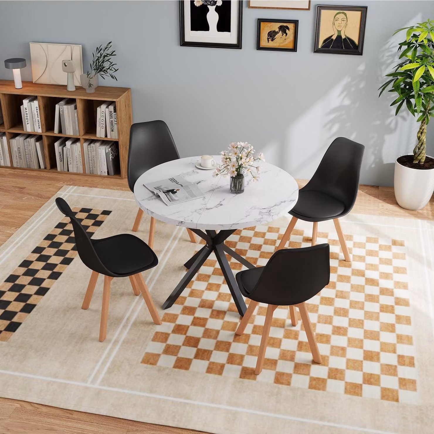 Set tavolo da pranzo con 4 sedie, forma rotonda, dimensioni 100x100x75 cm, finitura effetto marmo, bianco e nero