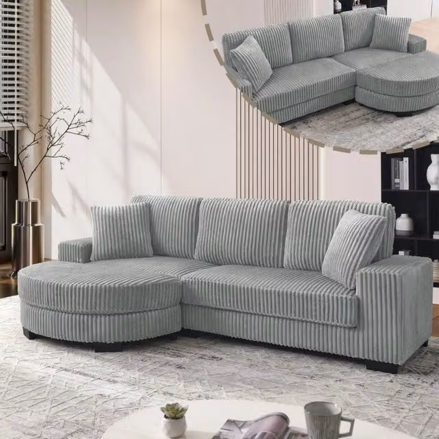 Divano angolare modulare L con pouf ovale reversibile 256;5 x 133;5 x 89 cm; corduroy grigio