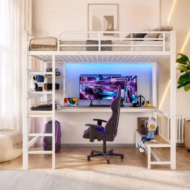 Letto a soppalco singolo bianco con scrivania, illuminazione LED e porte di ricarica USB-C, L/P/H: 90 x 200 x 180 cm
