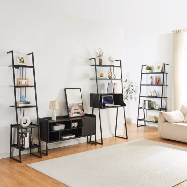 Set Storfjord Composto di Scrivania con Ripiani in Alto Mobile TV e 2 Scaffali a Scala - Nero [en.casa]