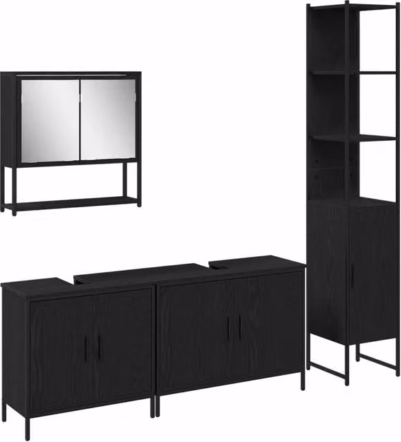 Set di mobili per il Bagno | Armadio da bagno 4 pz Nero Legno multistrato