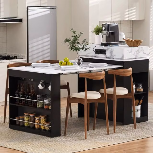 Isola cucina ULEVR 83x46-146,5x96 cm con piano estraibile pieghevole, prese integrate e vani portaoggetti, nera