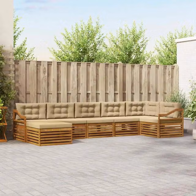 Set di divani da esterno vidaXL a forma di L composto da 7 pezzi in legno di acacia con cuscini beige e sabbia