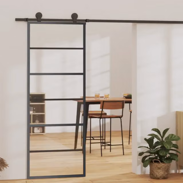 Porta Scorrevole vidaXL in Alluminio e Vetro Trasparente con Kit di Montaggio, Colore Nero, L: 76 cm, H: 205 cm
