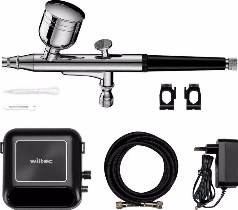 Wiltec HS-A10K Set di accessori per compressore 2,8 bar, set di aerografi 12 V, pistola per aerografo con ugello da 0,3 mm, compressore d'aria con pennello d'aria