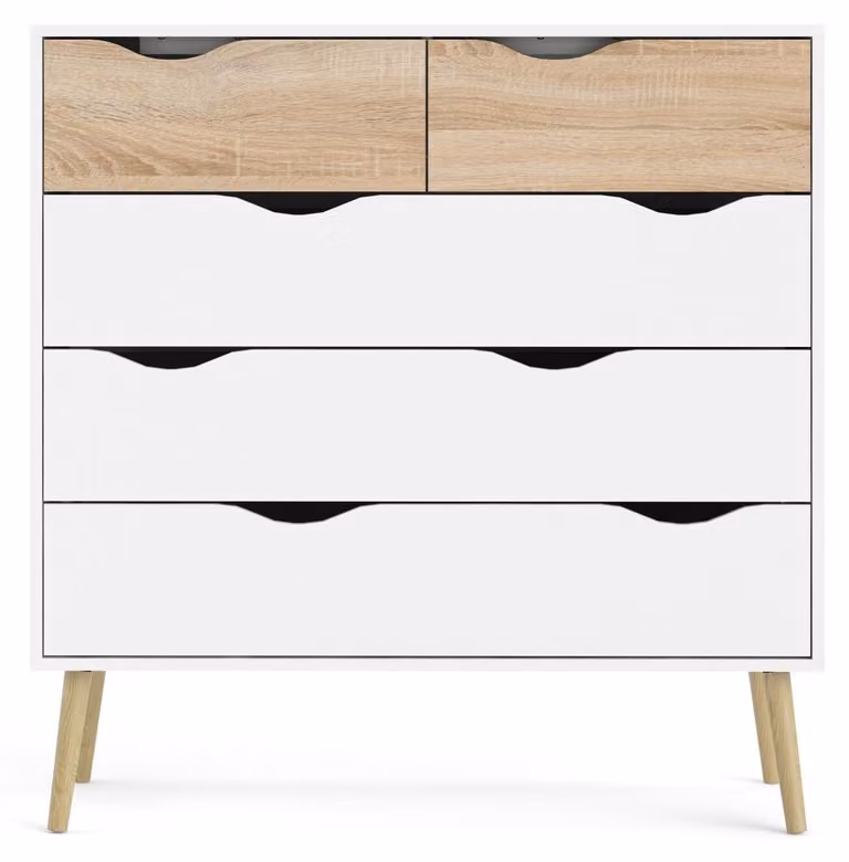 Calicosy - Comò 5 cassetti bianco e rovere decorativo L98,7 cm - BILLUND