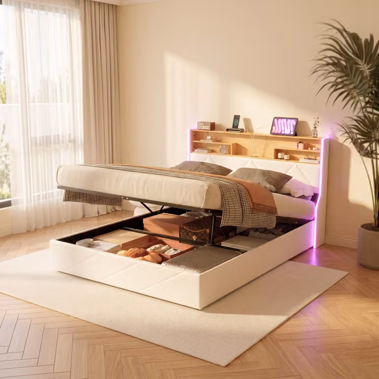 Letto con boxspring INONEFT, 140x200 cm, con LED e USB, letto imbottito con contenitore, letto con testiera contenitore, struttura letto con rete a doghe, in PU
