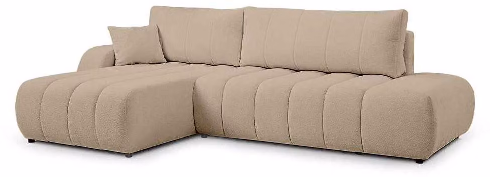 Divano angolare con funzione letto, modello Baloa, rivestito in velluto color beige, lato sinistro