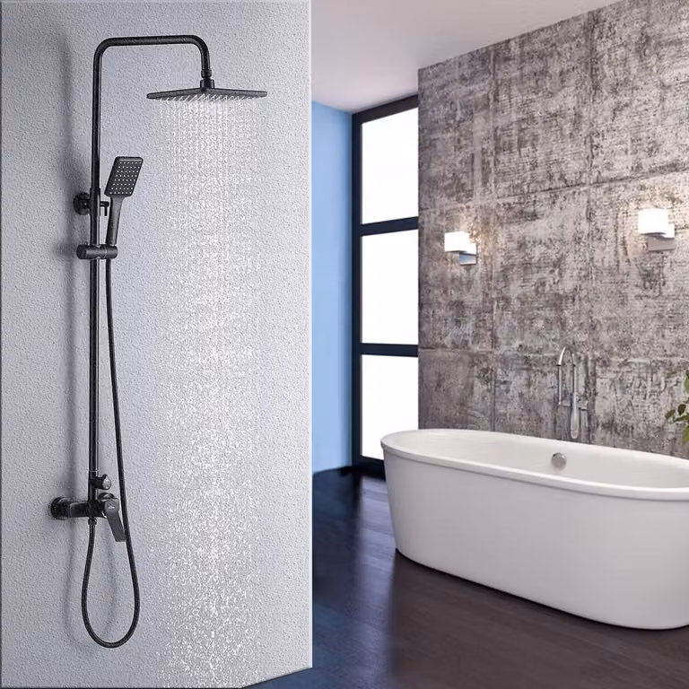 Sistema doccia con soffione da 11 pollici e doccetta manuale, con altezza regolabile da 90 a 120 cm, colore nero