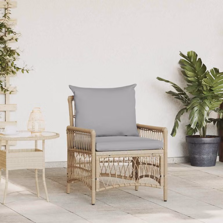 Sedia da giardino moderna vidaXL in polyrattan beige con cuscini e braccioli