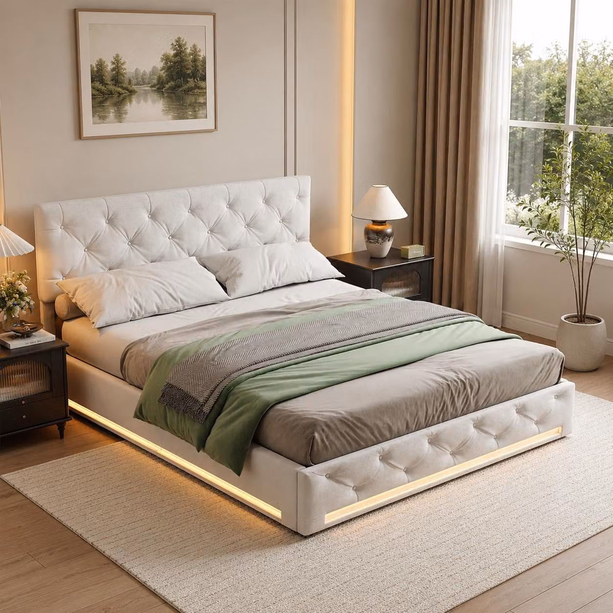 Letto imbottito INONEFT, 160x200 cm, con sistema di sollevamento idraulico e illuminazione a LED, letto per ragazzi con poggiatesta regolabile, color lino, beige, senza materasso