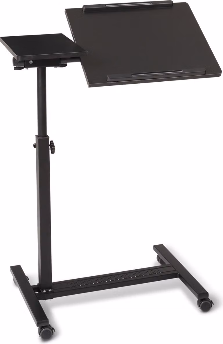 Tavolo da letto mobile ELONEO su rotelle, tavolo in piedi regolabile in altezza/larghezza, piano inclinabile/pieghevole, tavolino per letto ospedaliero, letto di cura, tavolo per laptop (nero)