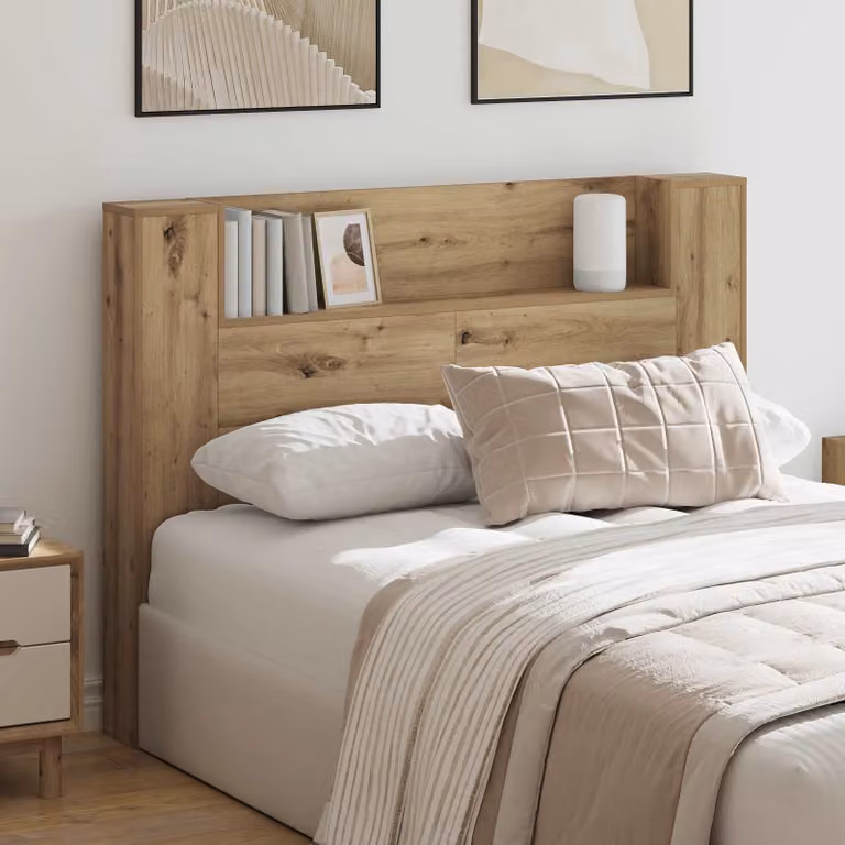 Testata del letto con mobile e illuminazione LED vidaXL in legno Rovere Artigianale, L: 140,0 cm, H: 103,5 cm, P: 16,5 cm