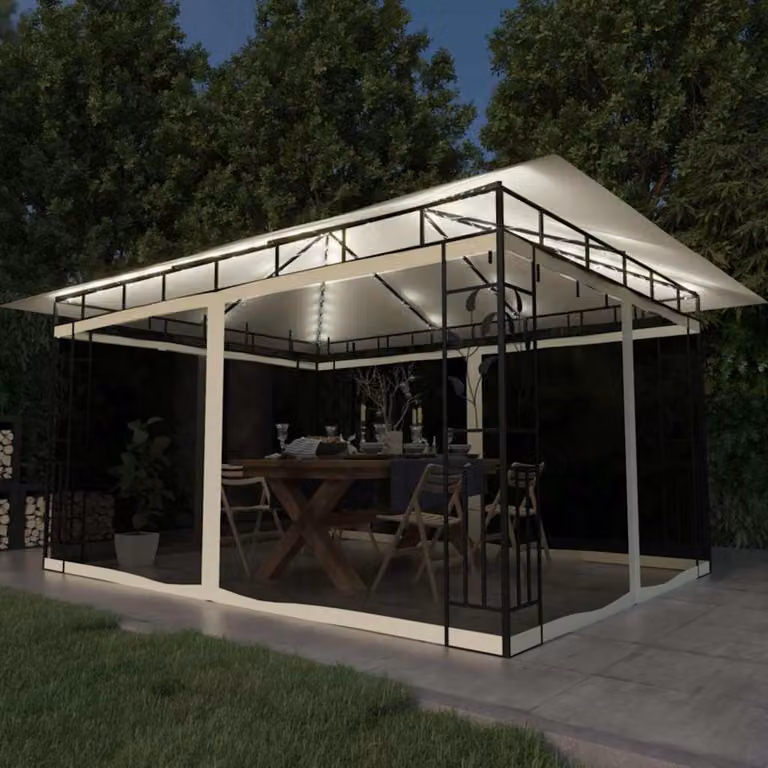 Gazebo vidaXL con Zanzariera e Luci LED in Acciaio e Poliestere, Colore Beige, L/P/H: 400 x 300 x 273 cm