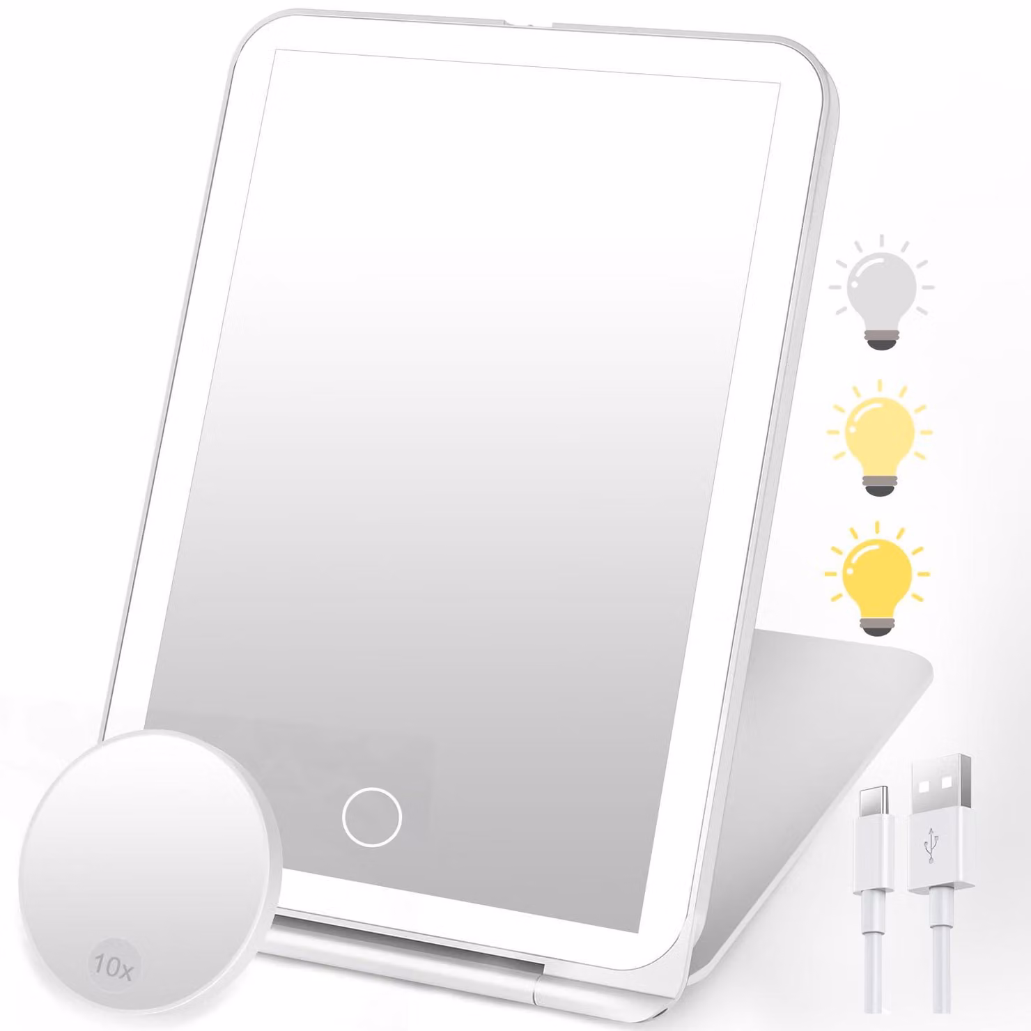 SURFOU Specchio cosmetico con illuminazione, ricaricabile, pieghevole e ultrasottile, 3 colori di luce regolabili, touchscreen e mini ingrandimento 10x, perfetto per i viaggi e per la casa (bianco)