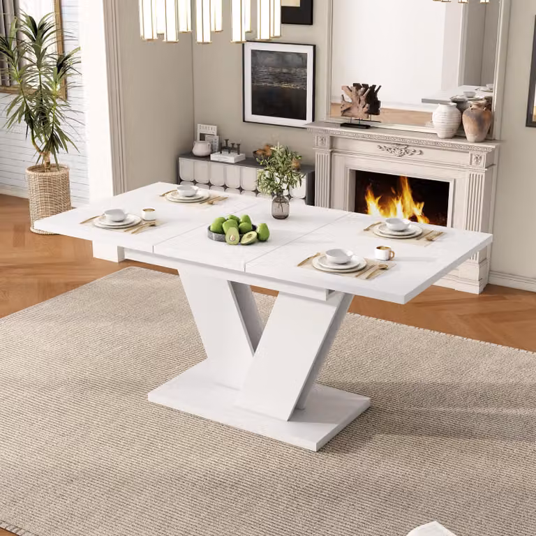 MODFU Tavolo da pranzo Tavolo da pranzo allungabile, tavolo da 4-6 persone rettangolare, tavolo da cucina con piano ispessito + gambe a V, bianco