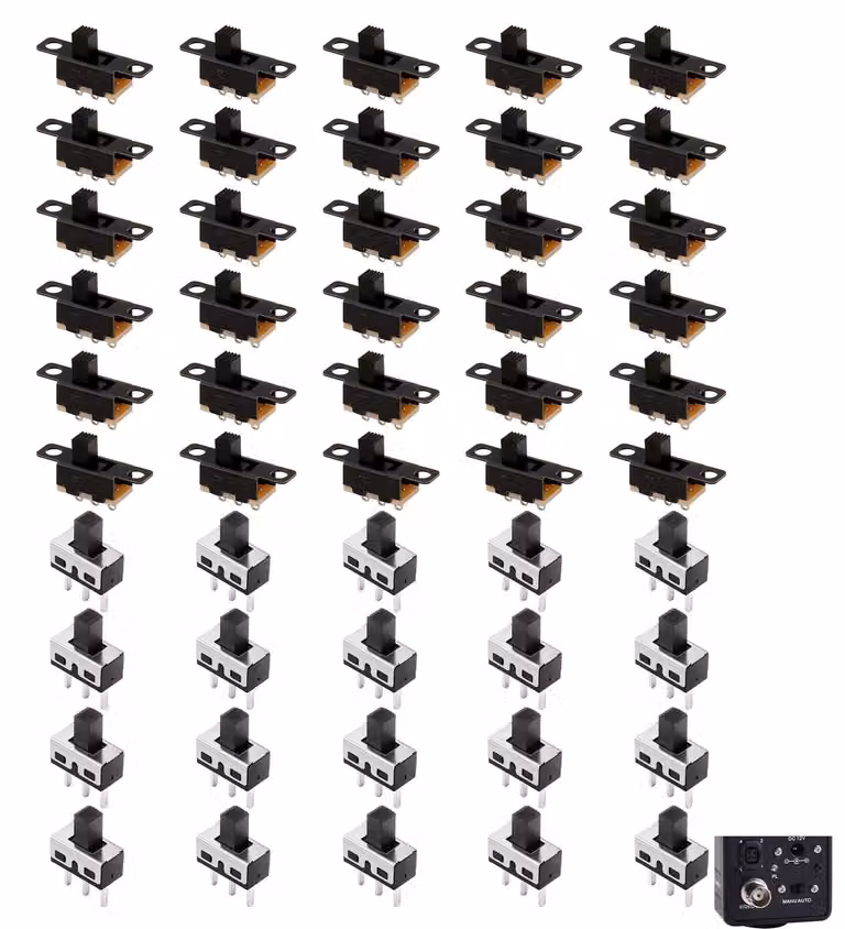 50 interruttori mini-slider SPDT, 3 poli, 2 posizioni, modelli SS12D10/SS12F15