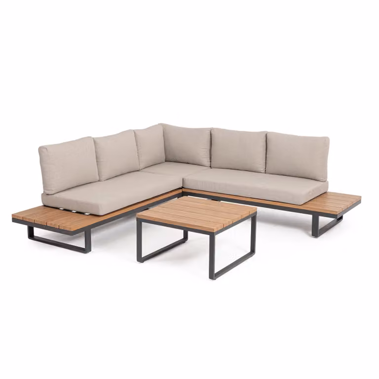 Set salotto angolare ZELMAR in alluminio antracite, color legno e tessuti beige